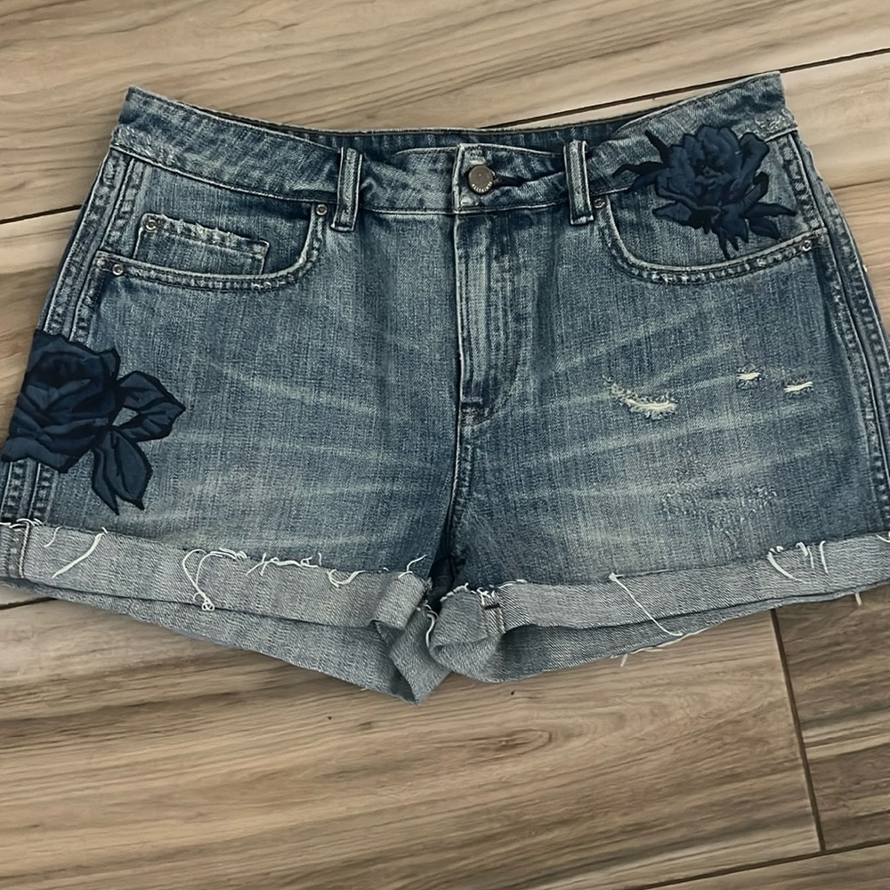 Womens All Saints Pam Rose Embroidered Cutoff Shorts Raw Edge Hem $120 Sz 31